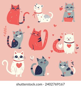 set of stickers on the theme of Valentine's Day, funny cats