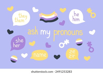  A set of stickers on the topic of non-binary. Using gender-neutral pronouns