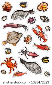 Set of stickers on white background. marine life stickers. Drawn by hand. Underwater world.
