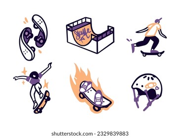 Un conjunto de stickers en un fondo blanco sobre patinaje y cultura callejera. Patinetas giratorias, rampa, patineta, fuego, casco de seguridad. Estilo de contorno simple vectorial.