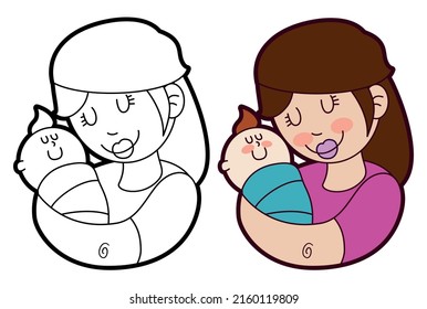 Set of stickers: one with outlines and other colored, with cute design of lovely mom carrying her baby.