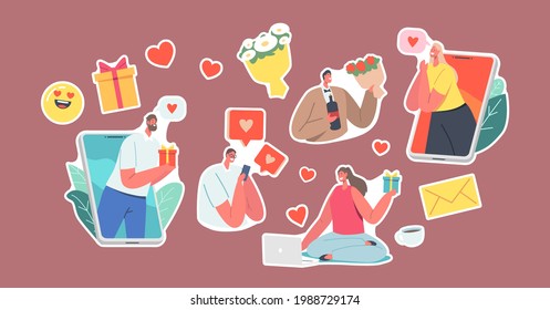 Set of Stickers Online Date, Modern Romance Relationships Theme. Characters Chatting via Smartphones and Computers in Internet Networks. Couple Match Dating. Characters. Cartoon Vector Illustration