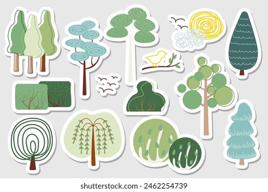 Set of stickers Set of outline trees in flat cartoon design. Trees and bushes of various shapes created in an interesting and abstract style are shown in this image. Vector illustration.