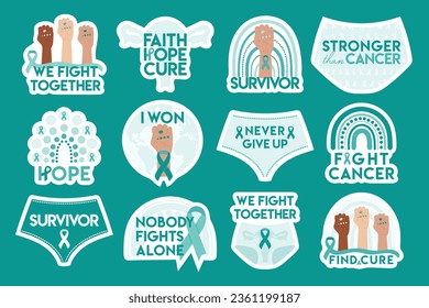 Set of stickers for Ovarian and Cervical Cancer Awareness Month. Teal and white ovarian cancer ribbons, panties and rainbow. We fight together, survivor phrase. Hand drawn vector illustration