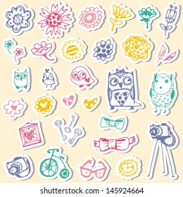 Set of stickers with owls and fashionable things. Heart, flower, bike, camera, glasses, frame. Hand drawn vector illustration.