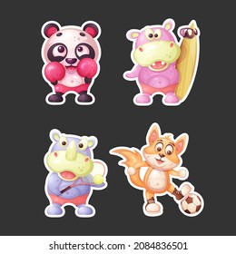 Set of stickers. Panda boxer, hippo surfer, rhino tennis player, fox football player.
