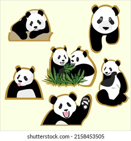 Set of stickers with pandas. Funny and cute pandas. Set of stickers with animals