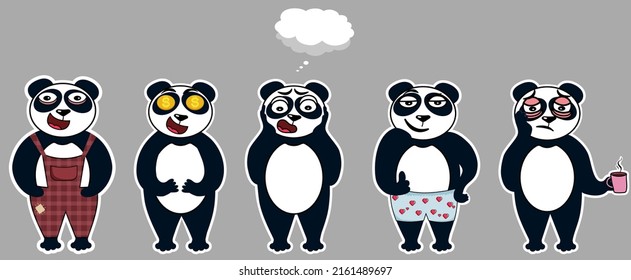 Conjunto de pegatinas con pandas. Ilustración de material vectorial. Oso blanco y negro. Animal asiático. Fondo gris