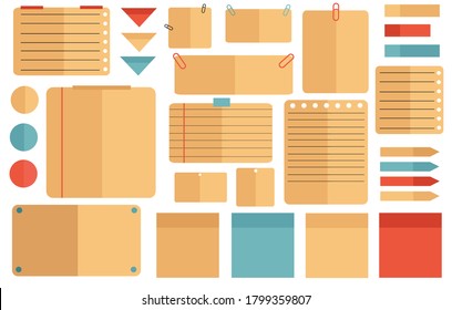 Conjunto de stickers. Papel para notas. Colección de varias hojas de papel. Los organizadores para hacer notas de escritura y escribir textos aislados con fondo amarillo. Ilustración vectorial coloreada decorativa