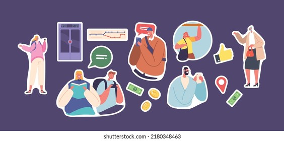 Set of Stickers Passengers in Subway, Metro, Underground Urban Public Transport. Characters Reading, Use Gadgets in Underpass Transportation. People Going by Train. Isolated Cartoon Vector Patches