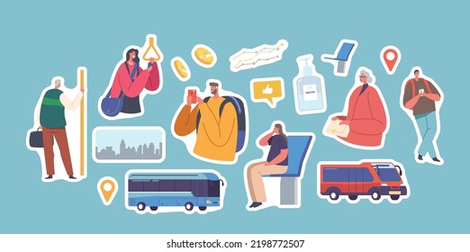 Set of Stickers Passengers Travel on Bus, Urban Public Transport. Tourists and Citizen Characters Sitting and Standing, Use Mobile Phones, Holding Handles. Cartoon People Vector Illustration