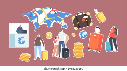 Set of Stickers Passport Control Worker at Desk, Tourists with Luggage, World Map, Suitcase and Gold Coins. Characters World Immigration, Legal Migration Concept. Cartoon People Vector Illustration