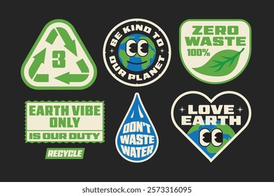 Set of Stickers patch Groovy Retro Love Planet Earth, Climate change, green Eco vector Design