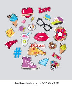 Set of stickers patch isolated. Icons for teenager age. Food, sweets, cap, diamonds, glasses, cat's muzzle, braincase in flat cut-out illustration design. For postcard, ads, posters