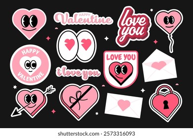 Set of Stickers patch Retro Minimalist Love Heart Shape Cartoon Style Valentine's Day vector Illustration