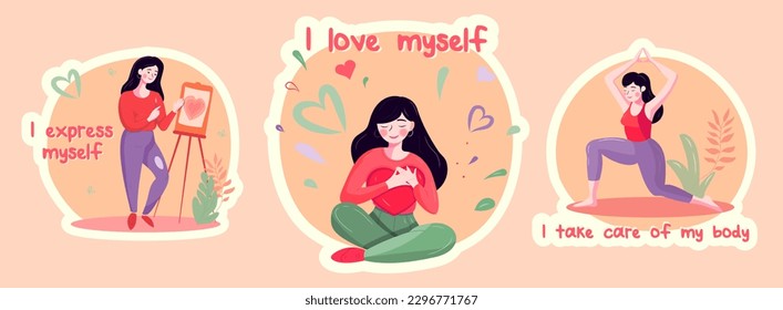 Set of stickers (patches) about Self love and love your body concept. I express myself, love myself and take care of my body