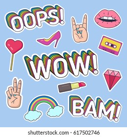 Set of stickers, patches, badges in cartoon comic style of 80s-90s. Vector illustration.