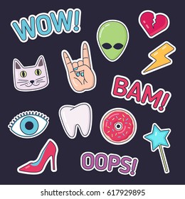 Set of stickers, patches, badges in cartoon comic style of 80s-90s. Vector illustration.