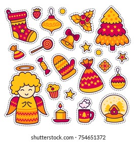 Set of stickers, patches, badges, pins, prints. Cute cartoon little angel, christmas tree, gift, sweets, candle, bell, ball, mistletoe, holiday decorative elements. Vector isolated illustrations.