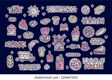 Set of stickers and patches with bakry elements - bread, pie, pizza, sweet. Hand drawn cute concept.