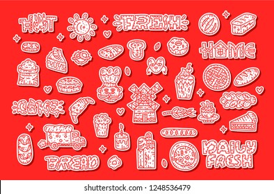 Set of stickers and patches with bakry elements - bread, pie, pizza, sweet. Doodle vecor illustration.