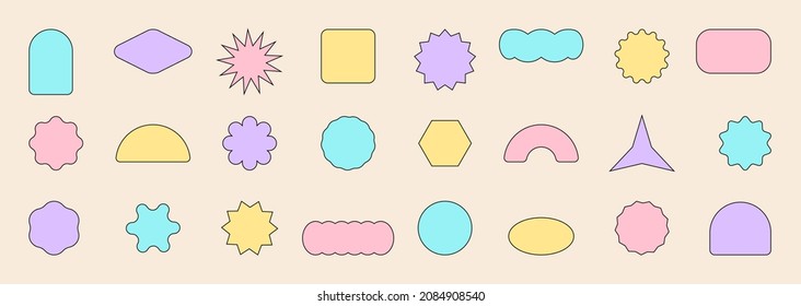 A set of stickers and patches with copy space in retro pop style colorful pastel colors with a stroke. Cool graphic background design elements. Simple isolated vector shapes for promo, packaging