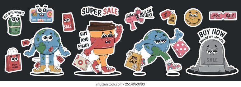 Set of stickers, patches, labels, tags for shopping. Black friday sale elements in retro groovy style. Earth cartoon character making purchases. Vector promo labels

