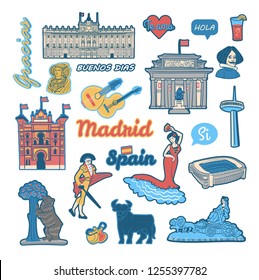 Set of stickers and patches with symbols and landmarks of Spain such as flamenco dancer, matador, castanets, Prado museum, Royal palace and text phrases in spanish language. Isolated vector clipart