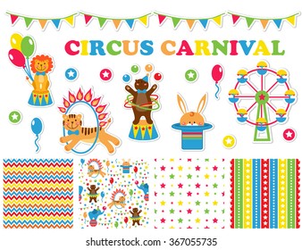 A set of stickers and patterns with cartoon animals circus. Bright vector illustration