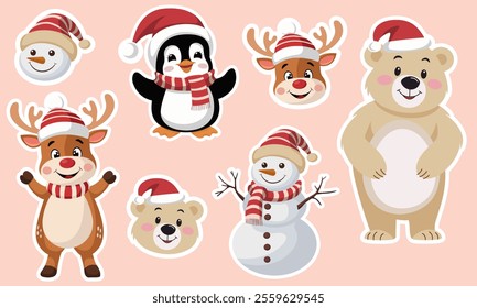 A set of stickers with a Penguin, a deer, a snowman and a polar bear wearing Christmas hats and scarves.