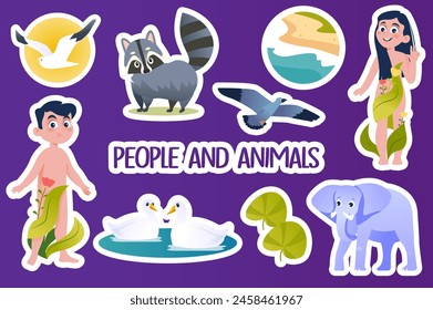 Conjunto de pegatinas Personas y animales en diseño de dibujos animados planos. La coexistencia de humanos y animales se representa en esta hermosa ilustración que transmite la importancia del equilibrio. Ilustración vectorial.