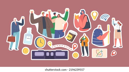 Set of Stickers People Crowd Riding Subway Train. Passengers in Underground Urban Public Transport Metro. Tourists or Native Citizens Characters Inside Underpass Transportation. Cartoon Vector Patches