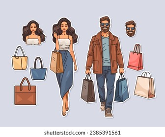 set stickers people in fashion brands outlet characters with clothes and accessories season big sale special offer promotion discount