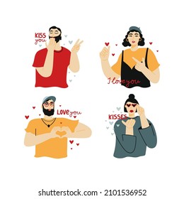 Set of stickers with people, hearts, and love messages. Phrases: kiss you, I love you, kisses. Collection of vector flat illustration for Valentine's day