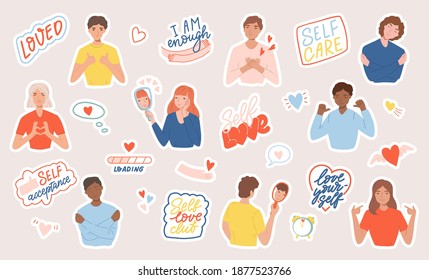 Set of stickers with people, motivational phrases and hearts. Concept of body positive, self-love and self-acceptance. Flat cartoon illustration