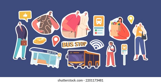 Set of Stickers People on Bus Stop, Characters Waiting Commuter Transport at City Landscape. Public Transportation Service, Passengers Men, Women, Seniors and Kids. Cartoon Vector Patches