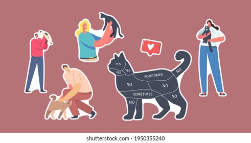 Set of Stickers People and Pets Theme. Cat with Infographics on Body Yes, No, Sometimes. Owners Characters Caress of their Animals, Spending Time with Kittens. Cartoon Vector Illustration