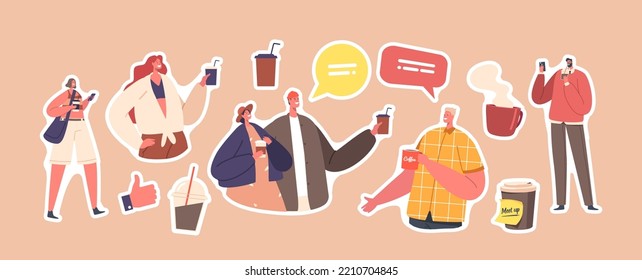 Set of Stickers People Relaxing and Talking at Coffee Break. Modern Male or Female Characters with Cups Morning Refreshment. People Enjoying Drink Isolated on White Background. Cartoon Vector Patches