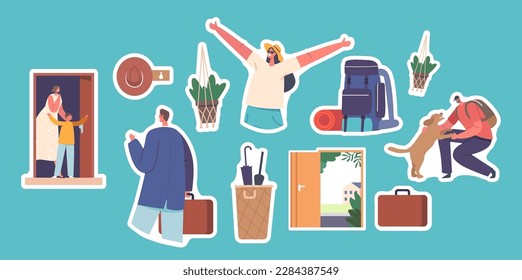 Set Of Stickers People Returning Home. Happy Woman, Mother With Son At Doorway, Man With Dog And Father