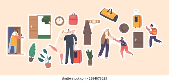 Set of Stickers People Returning at Home. Mother Meet Little School Boy, Pilot with Luggage Hugging Wife