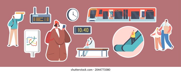 Set of Stickers People at Subway Station, Train, Escalator, Map, Clock and Digital Display. Male and Female Characters at Public Metro Platform, Urban Commuter Transport. Cartoon Vector Illustration