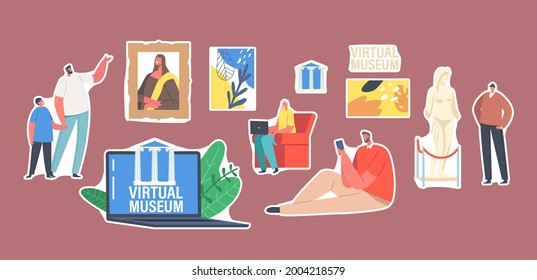 Set Of Stickers People Visiting Virtual Museum, Online Exhibition Tour To Art Gallery, Tiny Characters At Huge Laptop With Masterpieces On Screen. Home Leisure Technology. Cartoon Vector Illustration