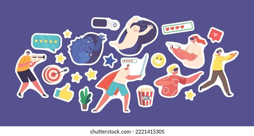 Set of Stickers People Wear Vr Headset Playing Video Simulation Games. Players Gaming At Cyberspace, Virtual Augmented Reality Fun with Adults and Kids Gamer Characters. Cartoon Vector Illustration