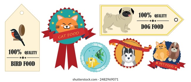 Set of stickers with a pet in a cartoon style.Vector illustration: bird, cat, dog,fish,isolated on white background.Pet shop labels: quality dog food,cat food, fish food,good food for your cat.