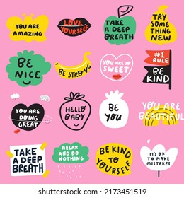 Set of stickers, phrases. Hand lettering. Vector hand drawn illustrations on pink background.