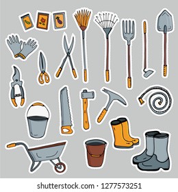 A set of stickers pictures of garden tools. Vector