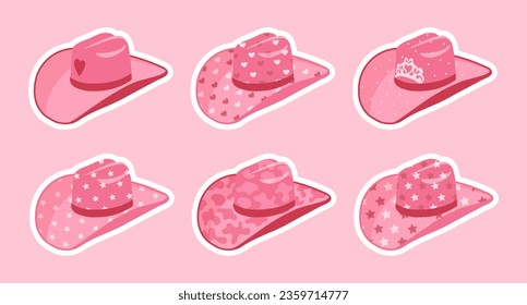 Set of stickers, pink cowgirl hats. Pink hats with hearts, stars, crown. Icons for kids. Vector