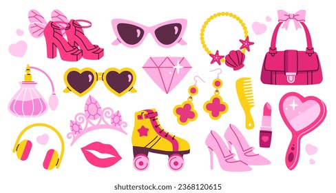 Set of stickers. Pink illustrations of glasses, bag, perfume, rollers, accessories, heels and cosmetics. Doll design elements. Cartoon flat vector collection isolated on white background