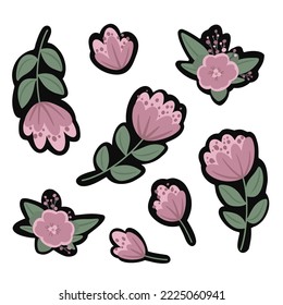Set of stickers with pink modern flowers