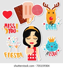 Set of stickers, pins, patches and badges vector illustration. Planner stickers. Flat design cute stickers for mobile messages, chat, social media, online communication, networking, web design